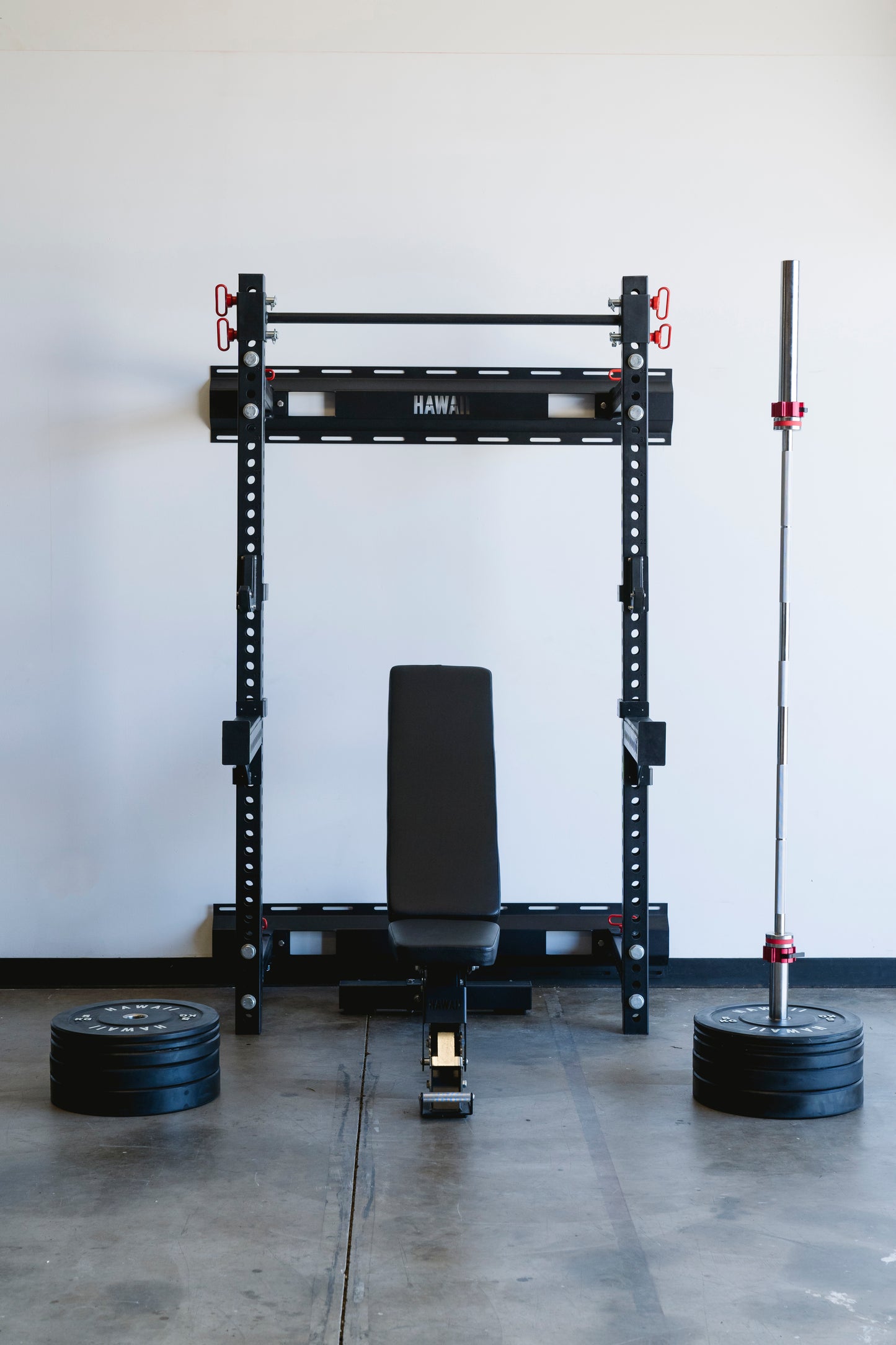 Hawaii wall-mounted folding power rack with barbell